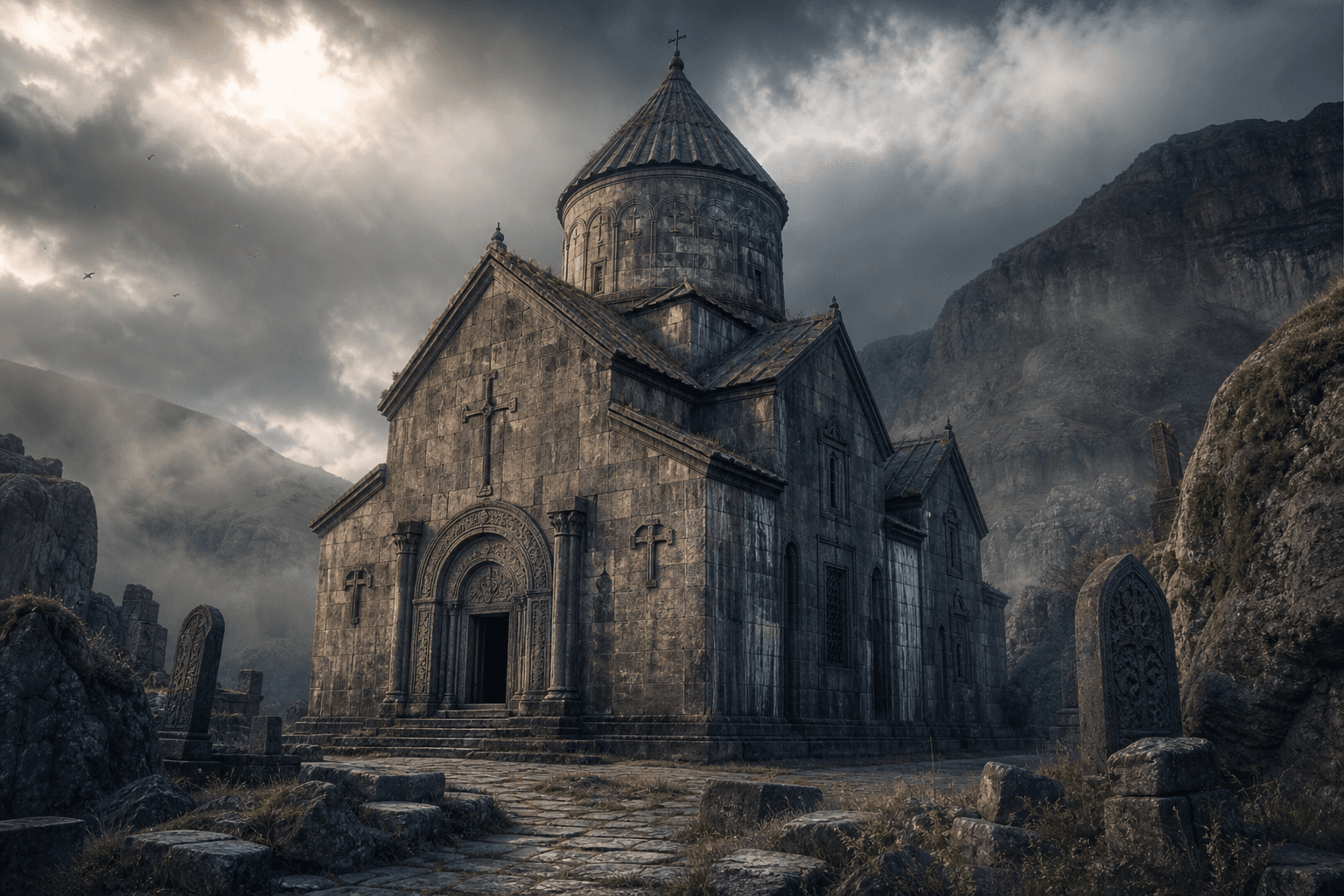 Eski taş kilise ve manastır yapısı, sisli hava ve dramatik gökyüzü — Medyum Armağan